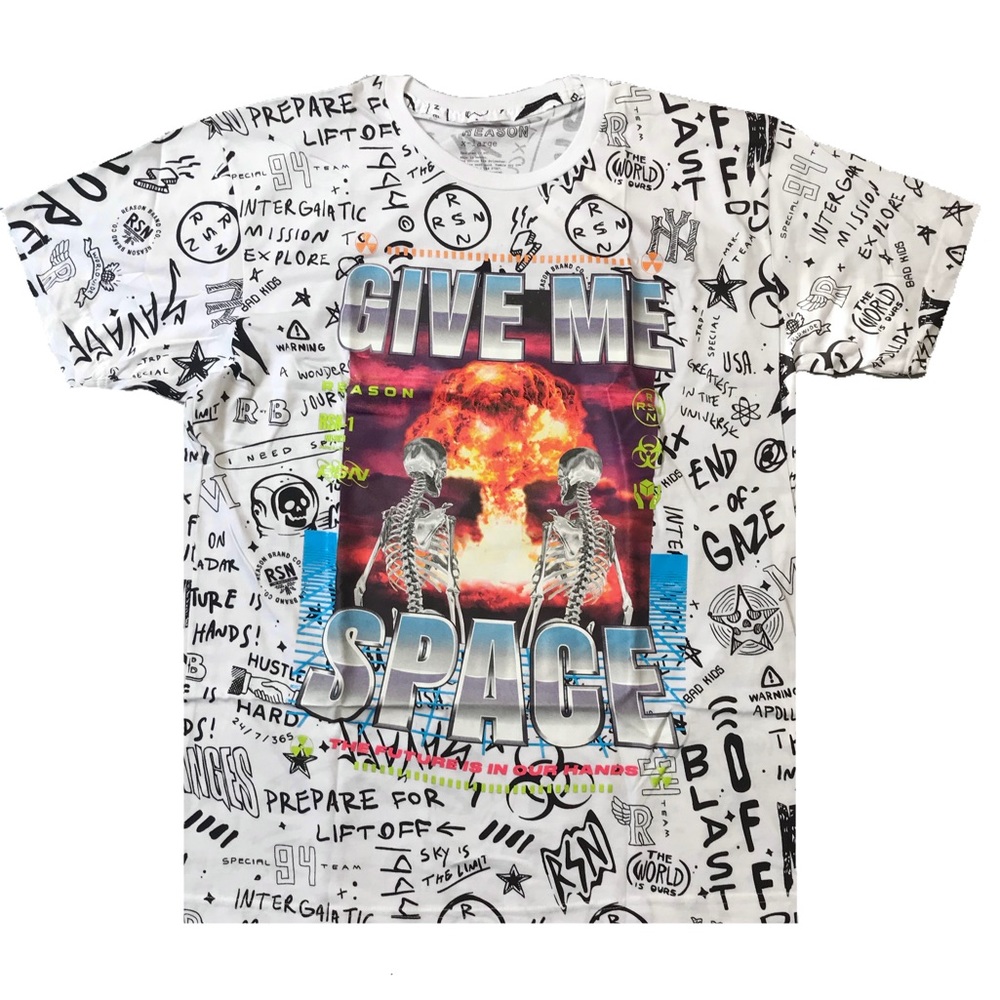 Men’s white “Give Em Space” tee. Size large.